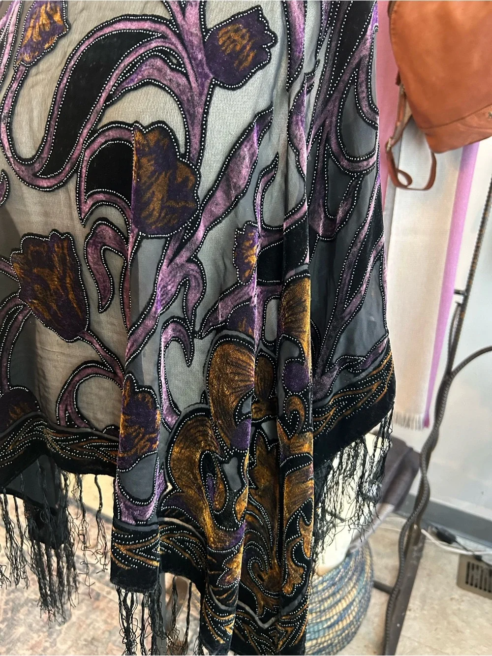 Sheer Velvet Burnout Floral ShawlPoncho - Black & Purple